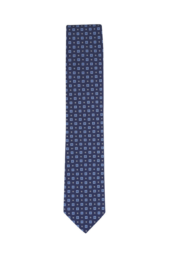 Eton Navy Medallion Floral Print Silk Necktie
