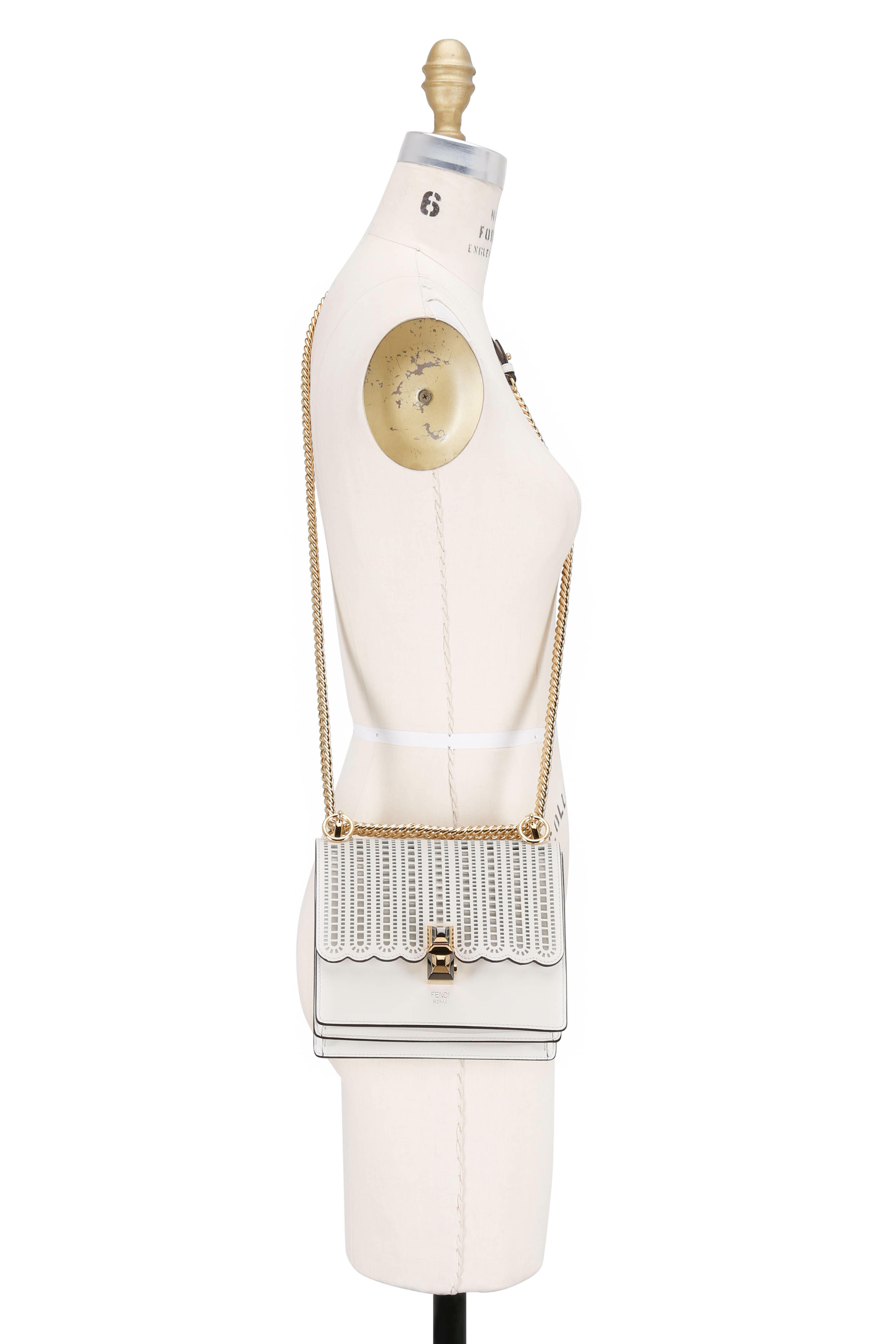 Fendi - Kan I White Laser-Cut Leather Chain Small Bag