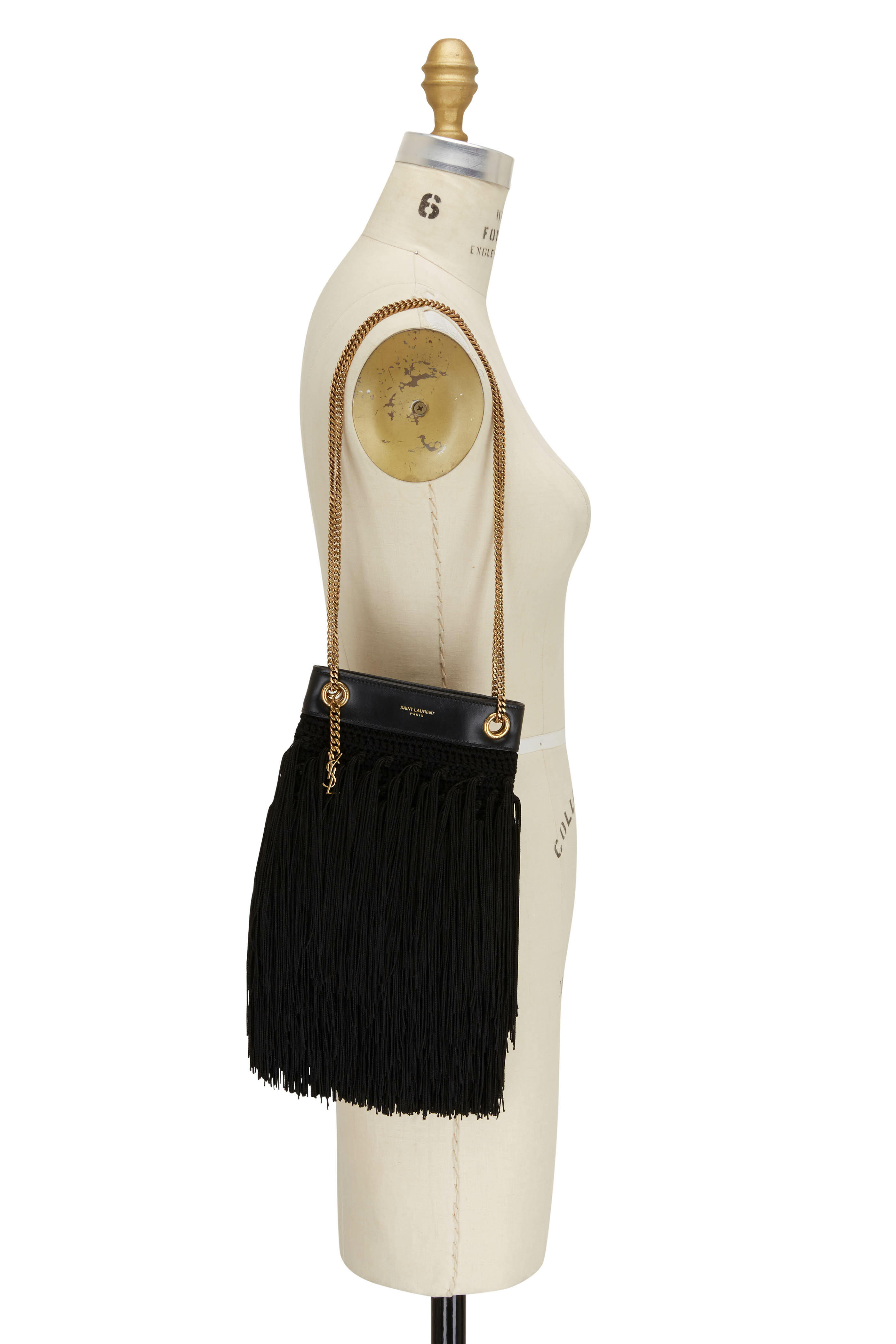 Saint Laurent Monogram Small Fringed Suede Crossbody Bag in Brown