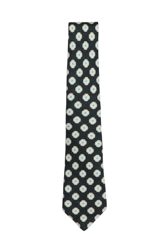 Kiton Dark Green & Aqua Print Silk Necktie