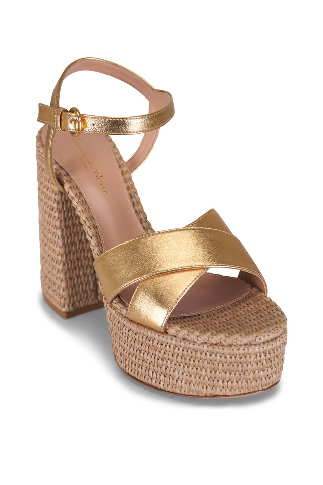 サンダル・ミュール Gianvito Rossi SANDAL (G1001670RICNAP PEAH) Gianvito Rossi - Bebe White Leather & Raffia Platform Sandal
