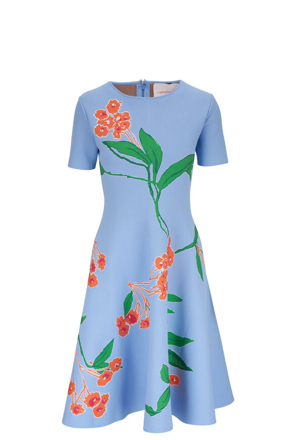 Carolina Herrera Lake Blue Multi Floral Jacquard Midi Dress 