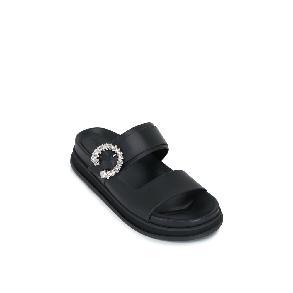Jimmy Choo - Marga Black Leather Crystal Buckle Slide