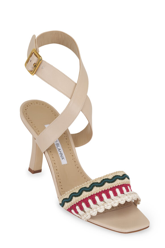 Manolo Blahnik Mabeco Tan Embroidered Sandal, 90mm - view 1