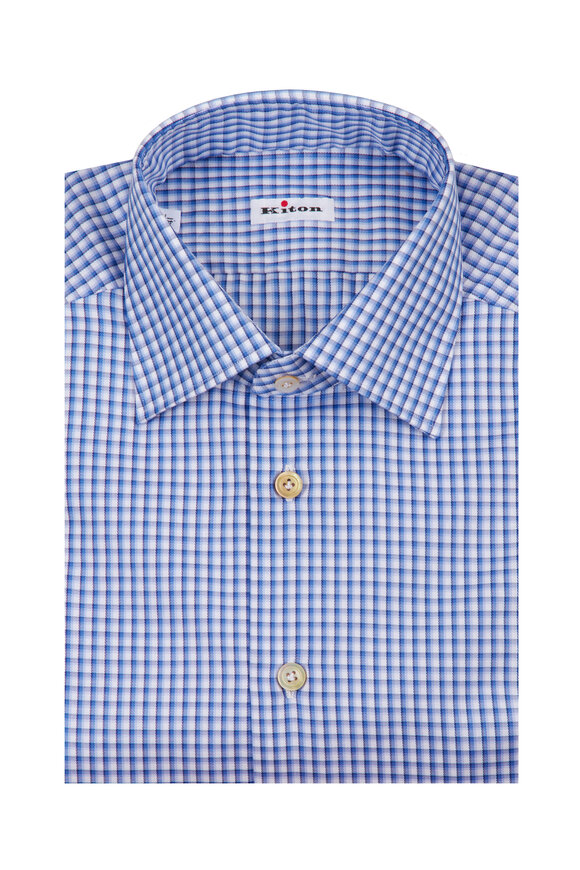 Kiton Blue Cotton Check Dress Shirt - view 1