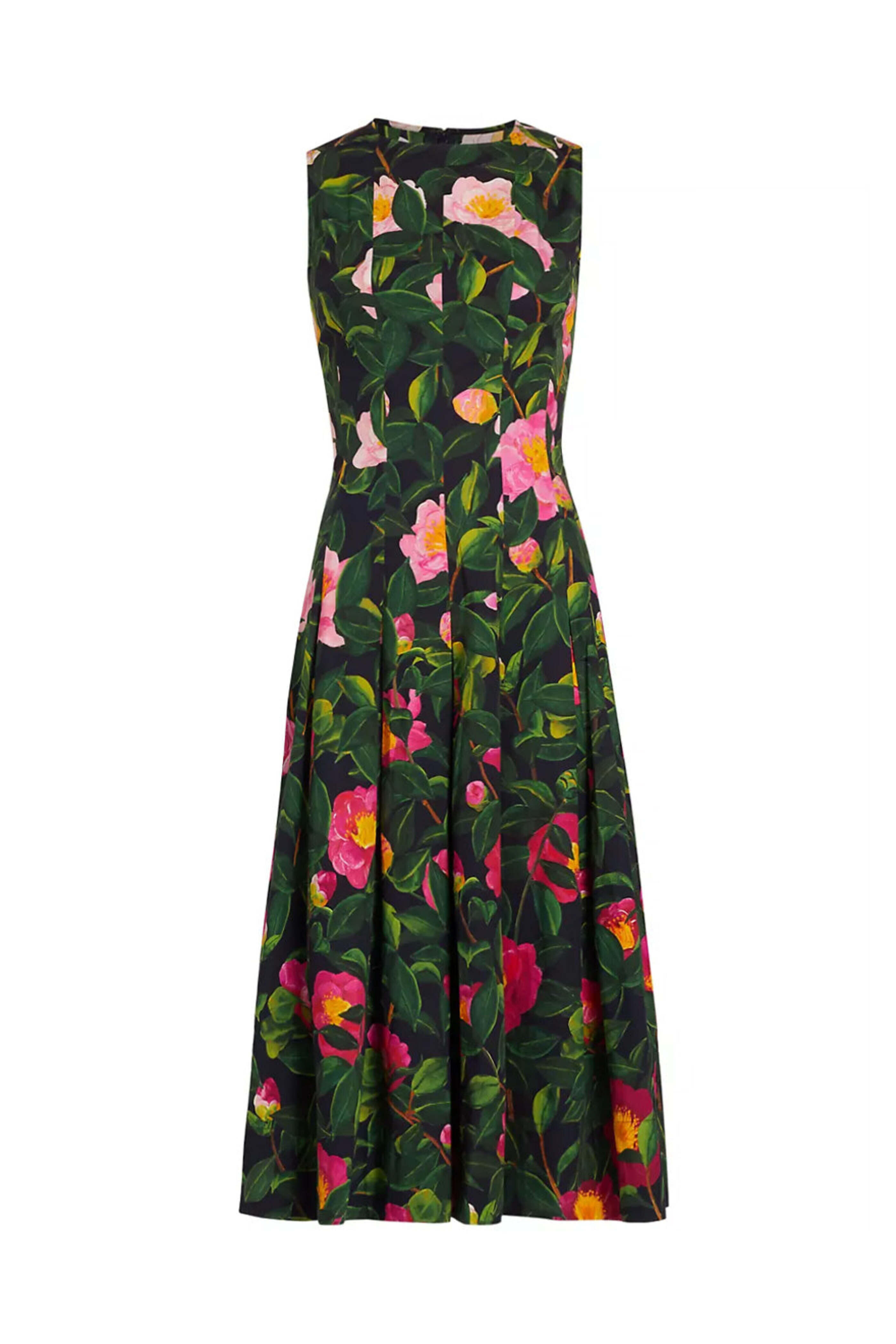 Oscar de la Renta - Pink and Navy Camellia Poplin Fit and Flare Dress