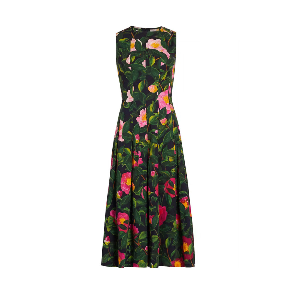 Oscar de la Renta - Pink and Navy Camellia Poplin Fit and Flare Dress Oscar de la Renta - Pink and Navy Camellia Poplin Fit and Flare Dress