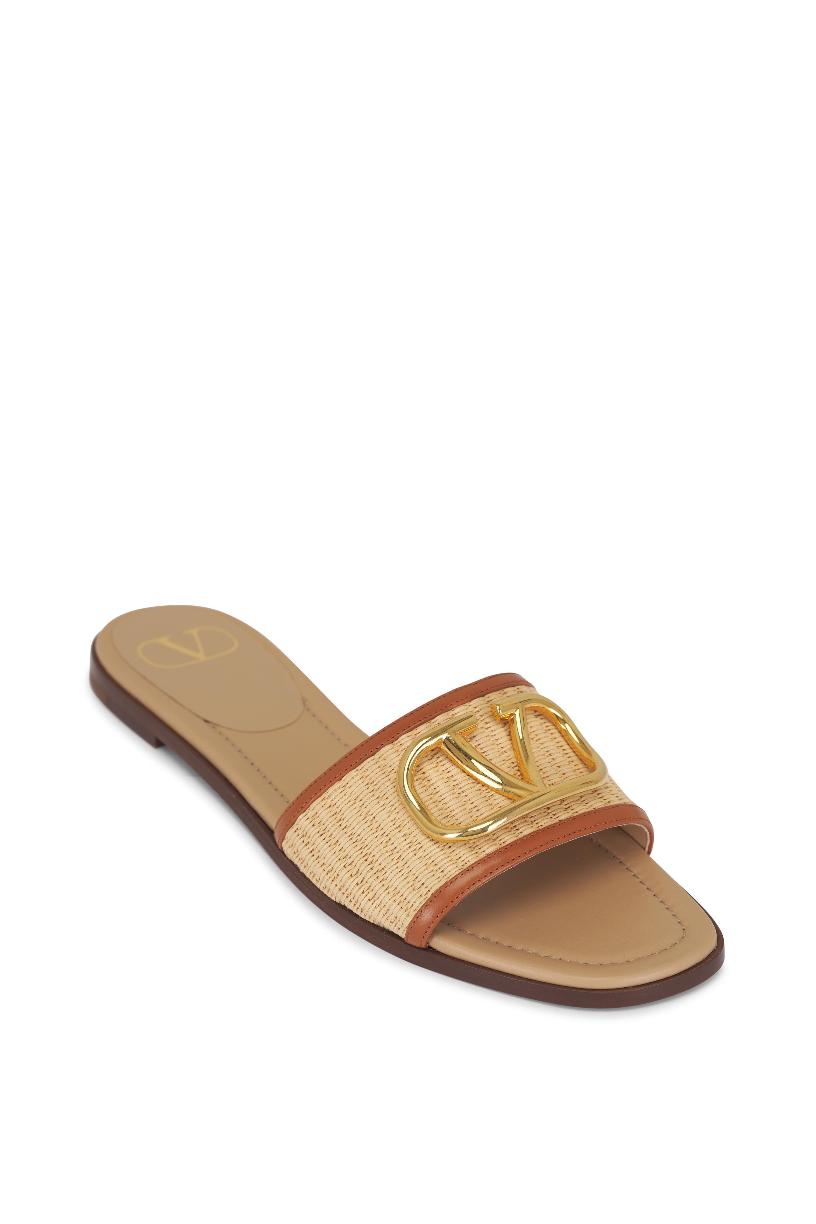 Valentino Garavani - VLogo Beige & Pecan Raffia Slide