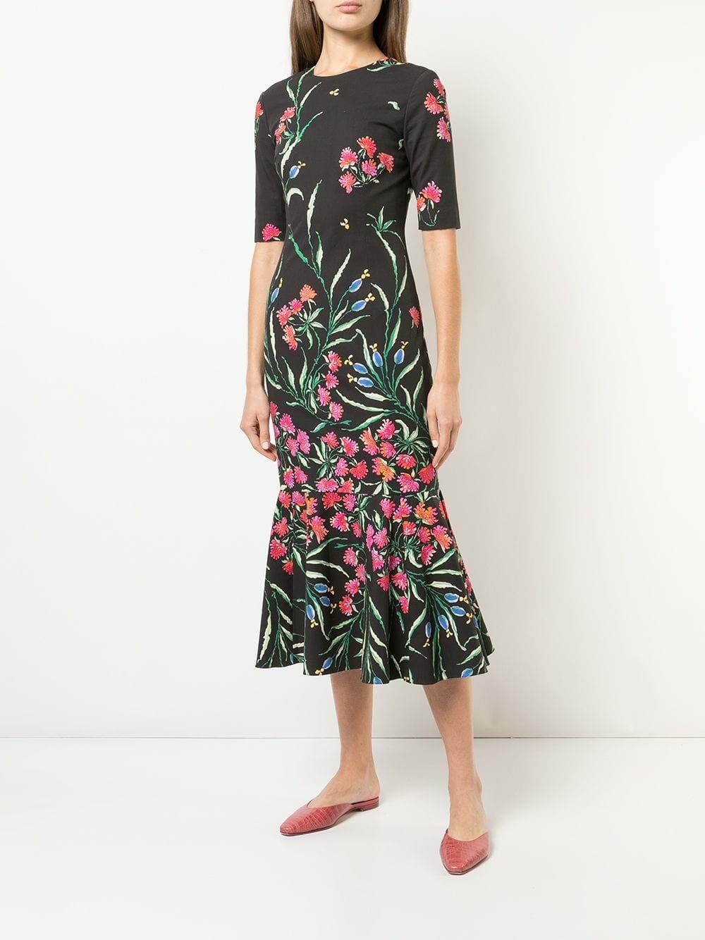 Carolina Herrera - Black Floral Print Elbow-Sleeve Trumpet Midi Dress