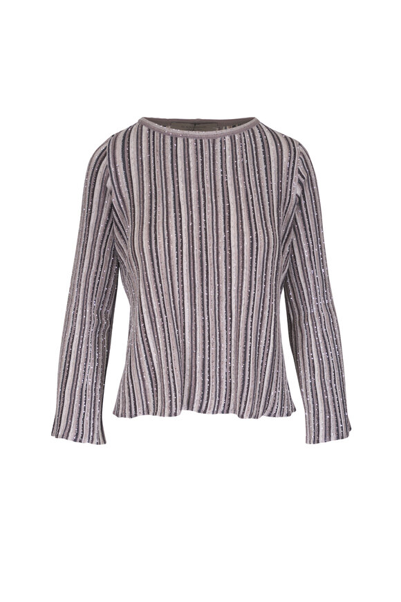 D.Exterior Gray, Silver & Ivory Paillette Stripe Top