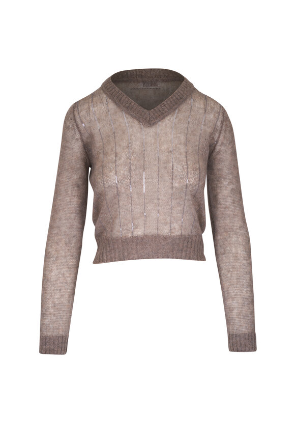 Brunello Cucinelli Rice Sequin Pinstripe V-Neck Sweater