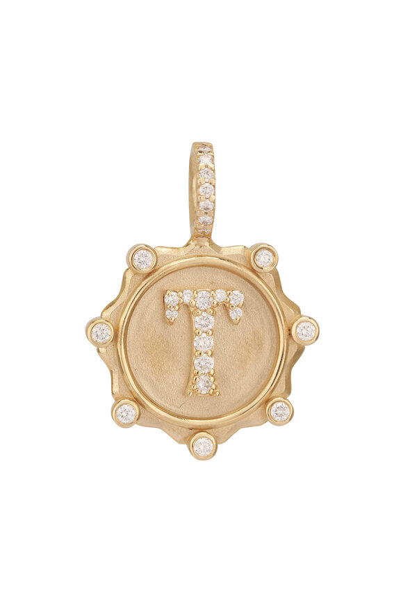 Marlo Laz 14k Gold "T" Alphabet Coin Pavé Diamond Charm - view 1
