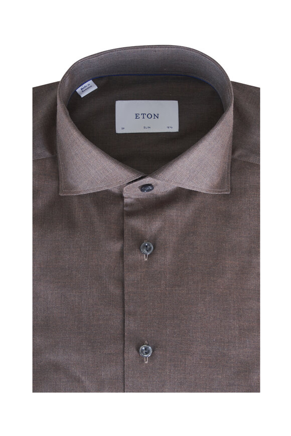 Eton Solid Dark Brown Signature Flannel Dress Shirt - view 1