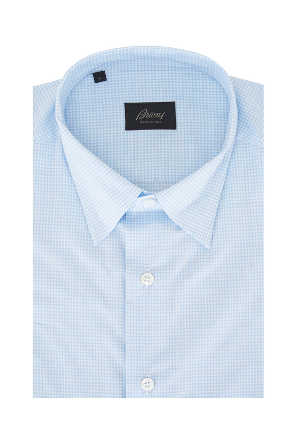 Brioni Light Blue Mini Check Cotton Sport Shirt