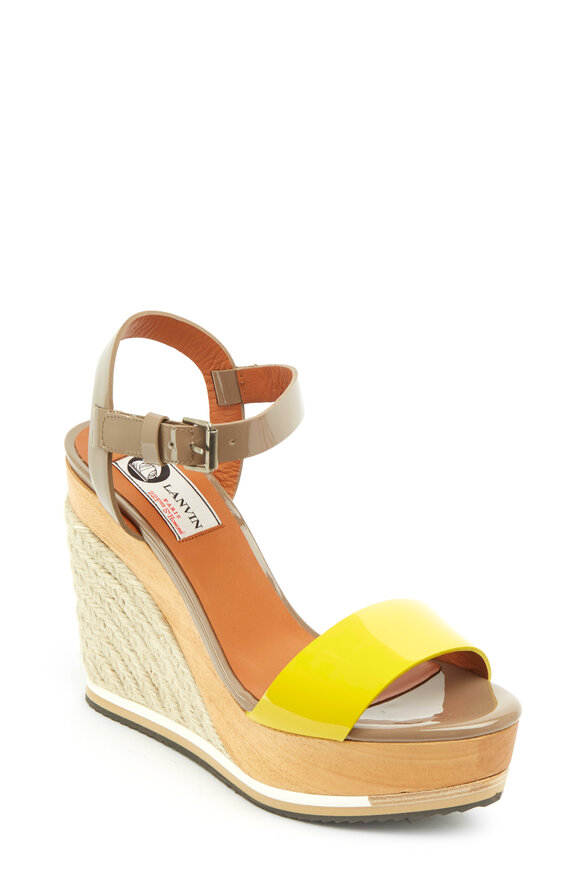 Lanvin - Yellow & Brown Patent Leather Espadrille Wedges