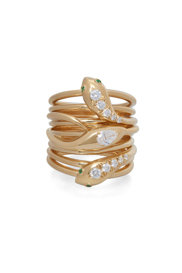 Sidney Garber 18k Yellow Gold Diamond & Emerald Serpent Ring