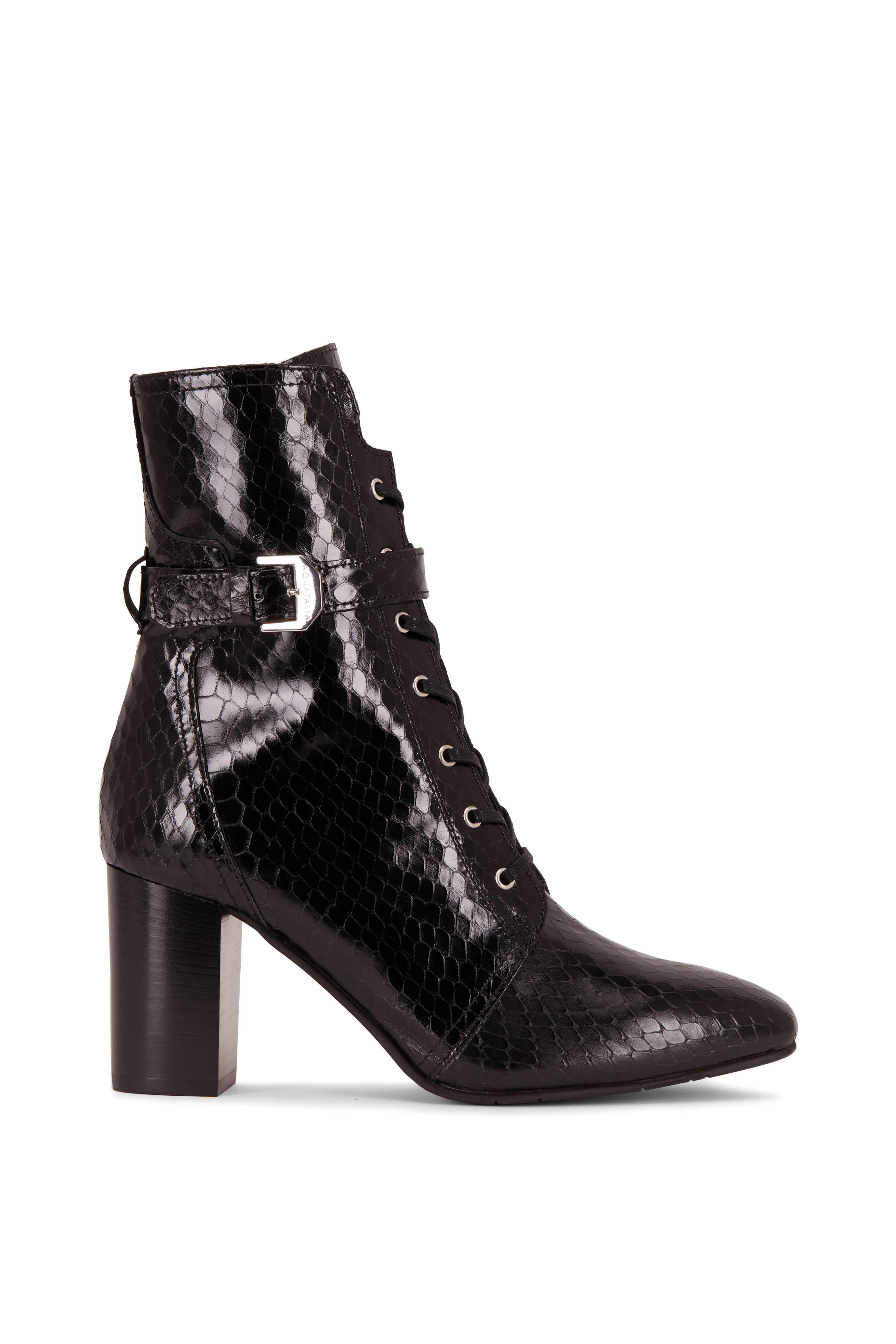 Aquatalia Fawne Black Leather Snakeskin Print Booties 70mm