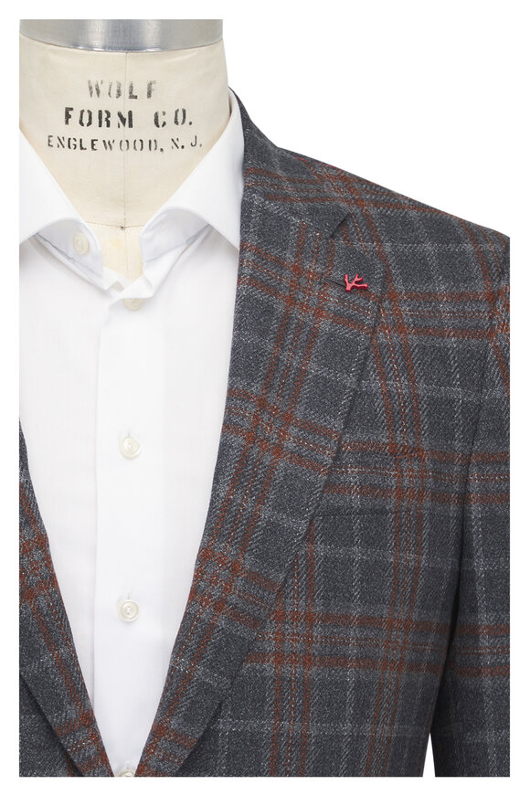 Isaia - Gray & Orange Windowpane Plaid Sportcoat