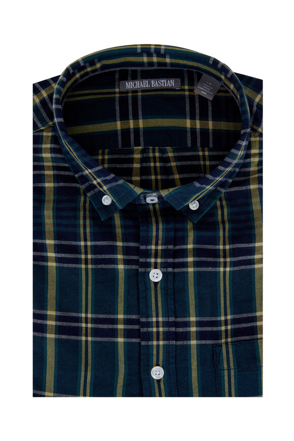 Michael Bastian Navy & Green Madras Short Sleeve Sport Shirt