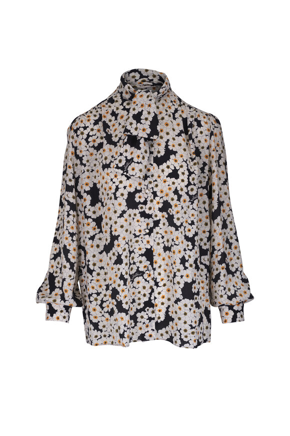 Valentino Nero & Multicolor Crepe de Chine Floral Blouse