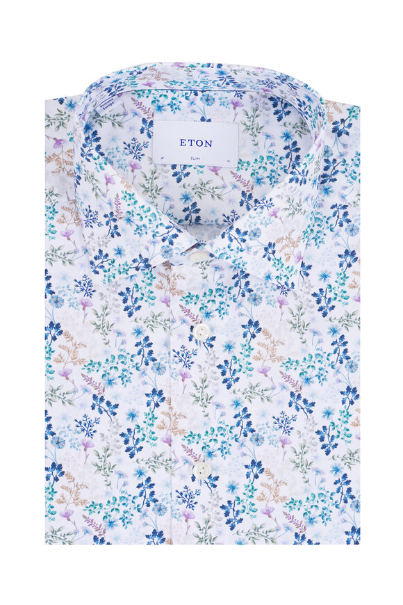 Eton White & Blue Floral Print Slim Fit Dress Shirt - view 1