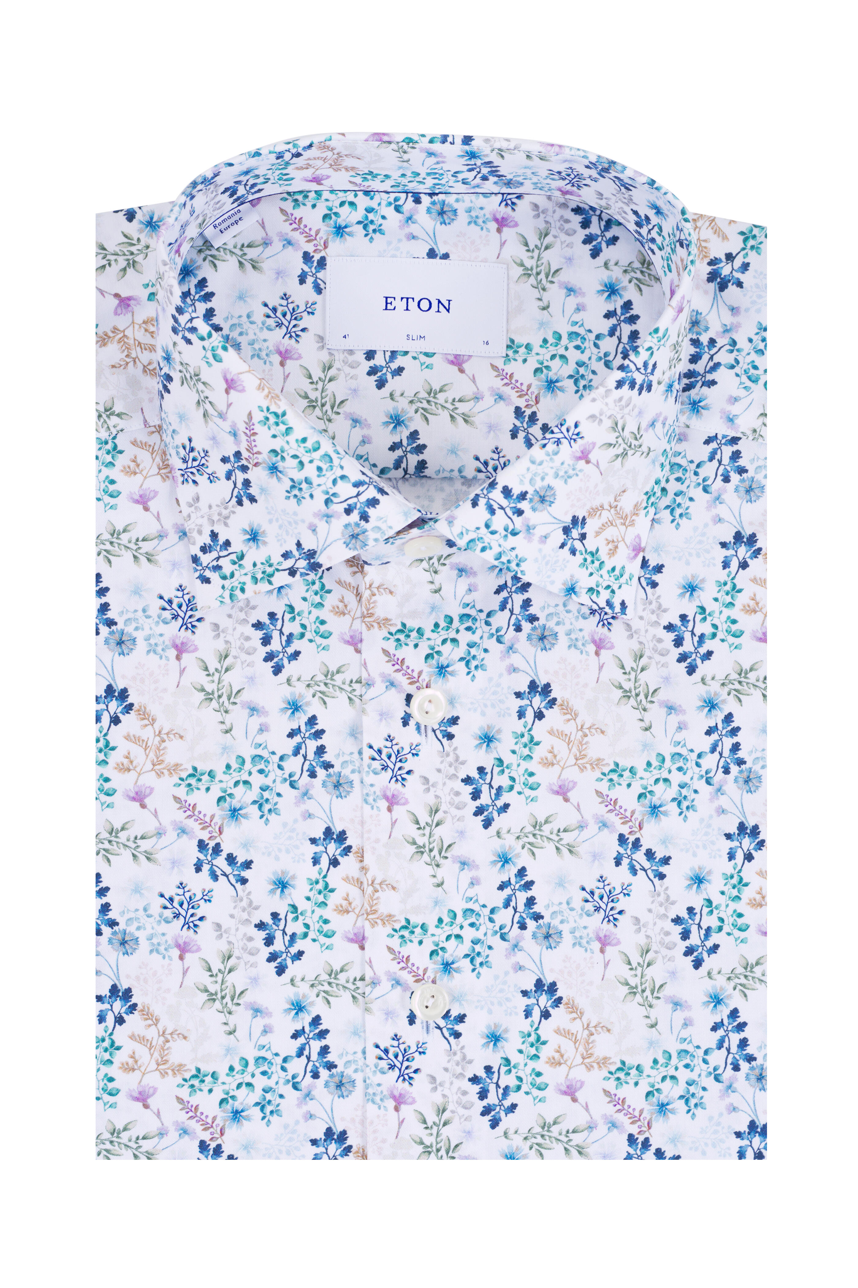 Eton - White & Blue Floral Print Slim Fit Dress Shirt - view 1