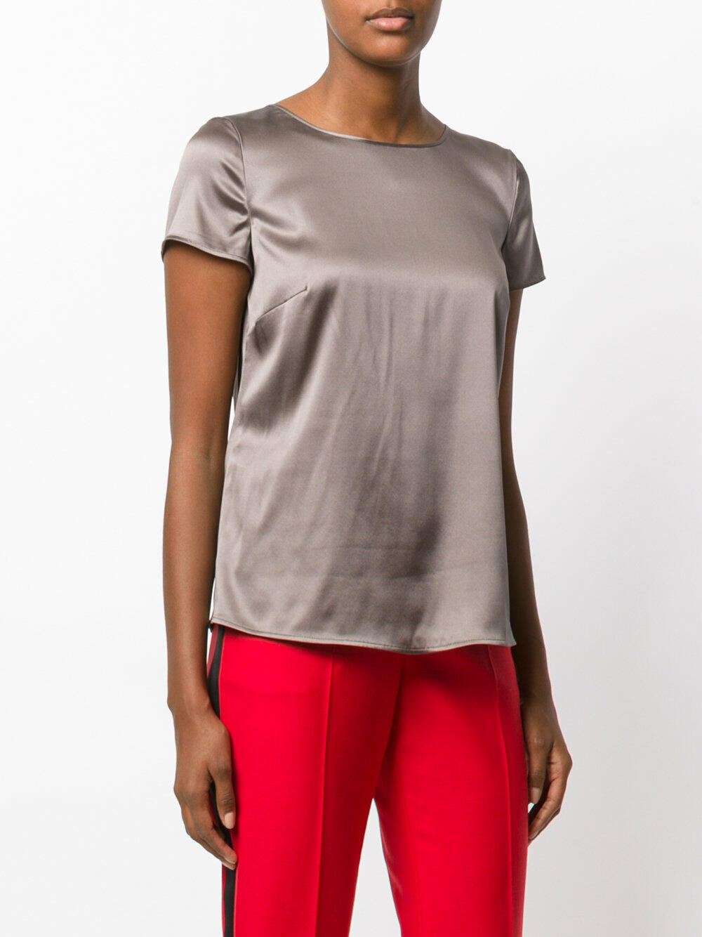Emporio Armani - Taupe Stretch Silk Short Sleeve Blouse