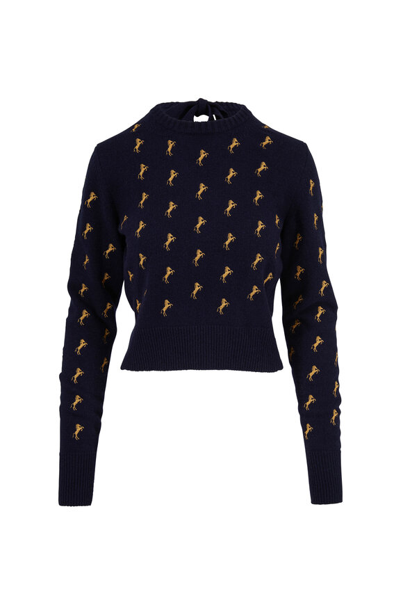 Chloé - Navy Horse Embroidered Tie-Back Sweater 