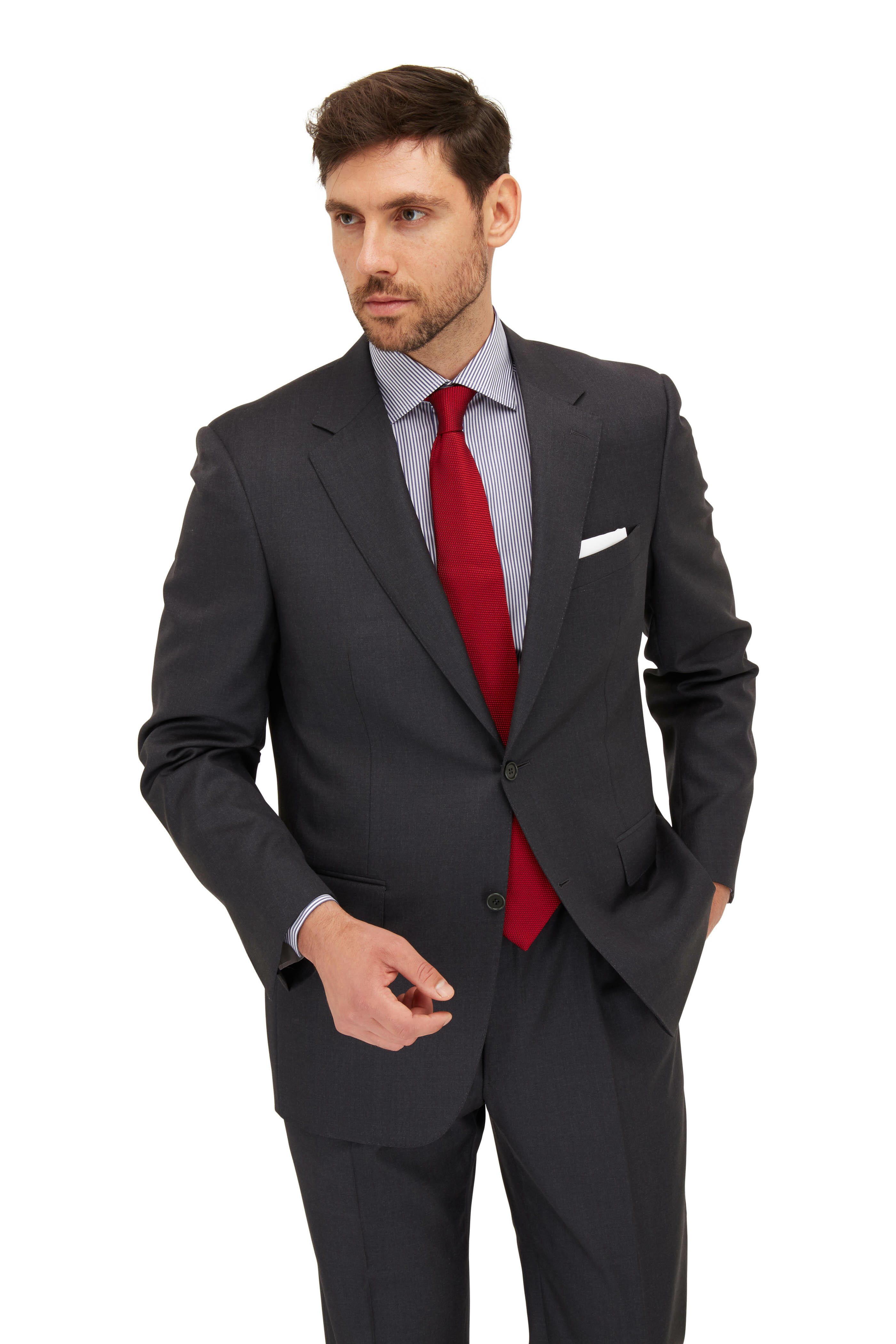 princess polly baby blue dress Men's Outfit: Navy Blazer, White Vertical Striped Dress Shirt, Grey Dress  Pants, Blue Tie main image 1