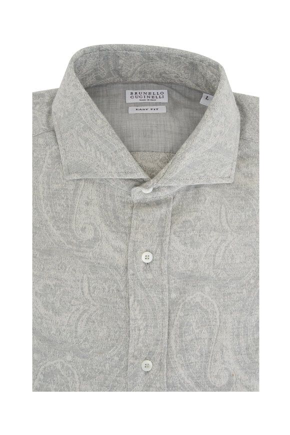 Brunello Cucinelli Light Gray Paisley Print Flannel Sport Shirt