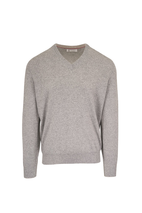 Brunello Cucinelli Light Gray Cashmere V-Neck Pullover - view 1
