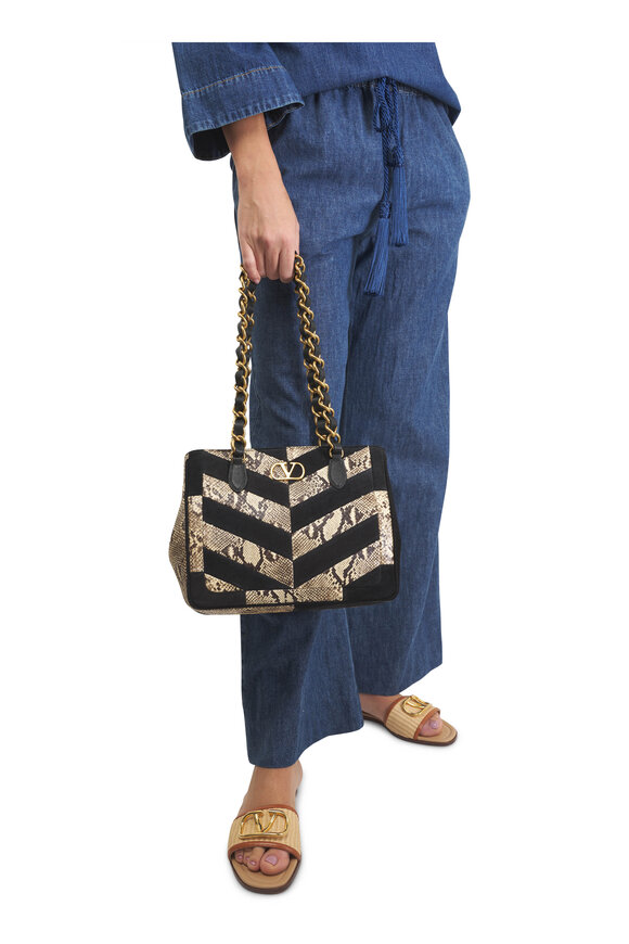 Valentino Garavani Small Python Natural & Black Suede Patchwork Tote - view 2