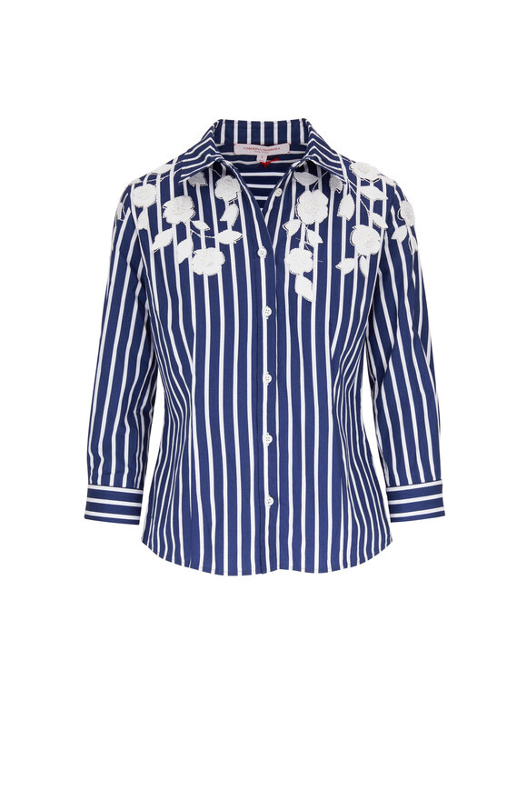 Carolina Herrera - Blue & White Stripe Embroidered Blouse