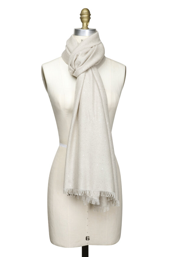 Brunello Cucinelli Cashmere & Silk Diamond Light Beige Yarn Scarf