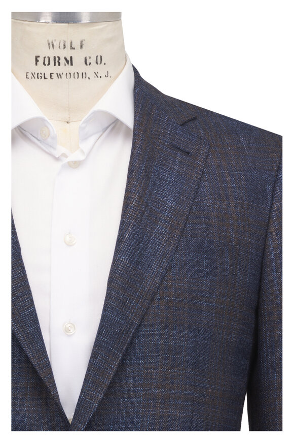 Canali Blue & Brown Plaid Wool, Silk & Cashmere Sportcoat