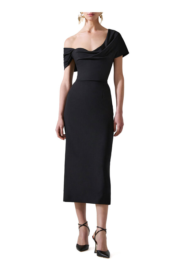 Carolina Herrera - Black Draped One-Shoulder Midi Dress