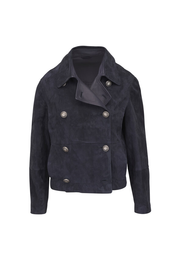 Brunello Cucinelli Navy Blue Suede Double Breasted Jacket