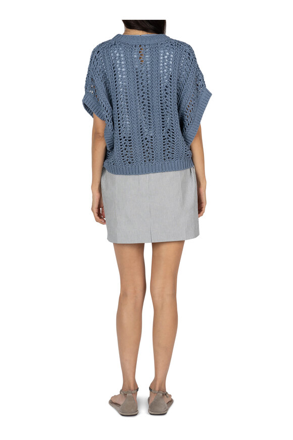 Brunello Cucinelli - Avio Blue Cotton Net Short Sleeve Sweater