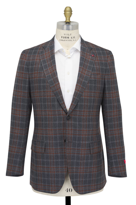 Isaia - Gray & Orange Windowpane Plaid Sportcoat