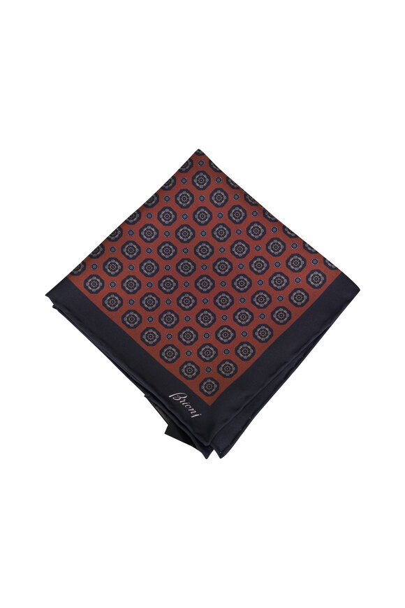 Brioni Dark Brown & Navy Medallion Silk Pocket Square