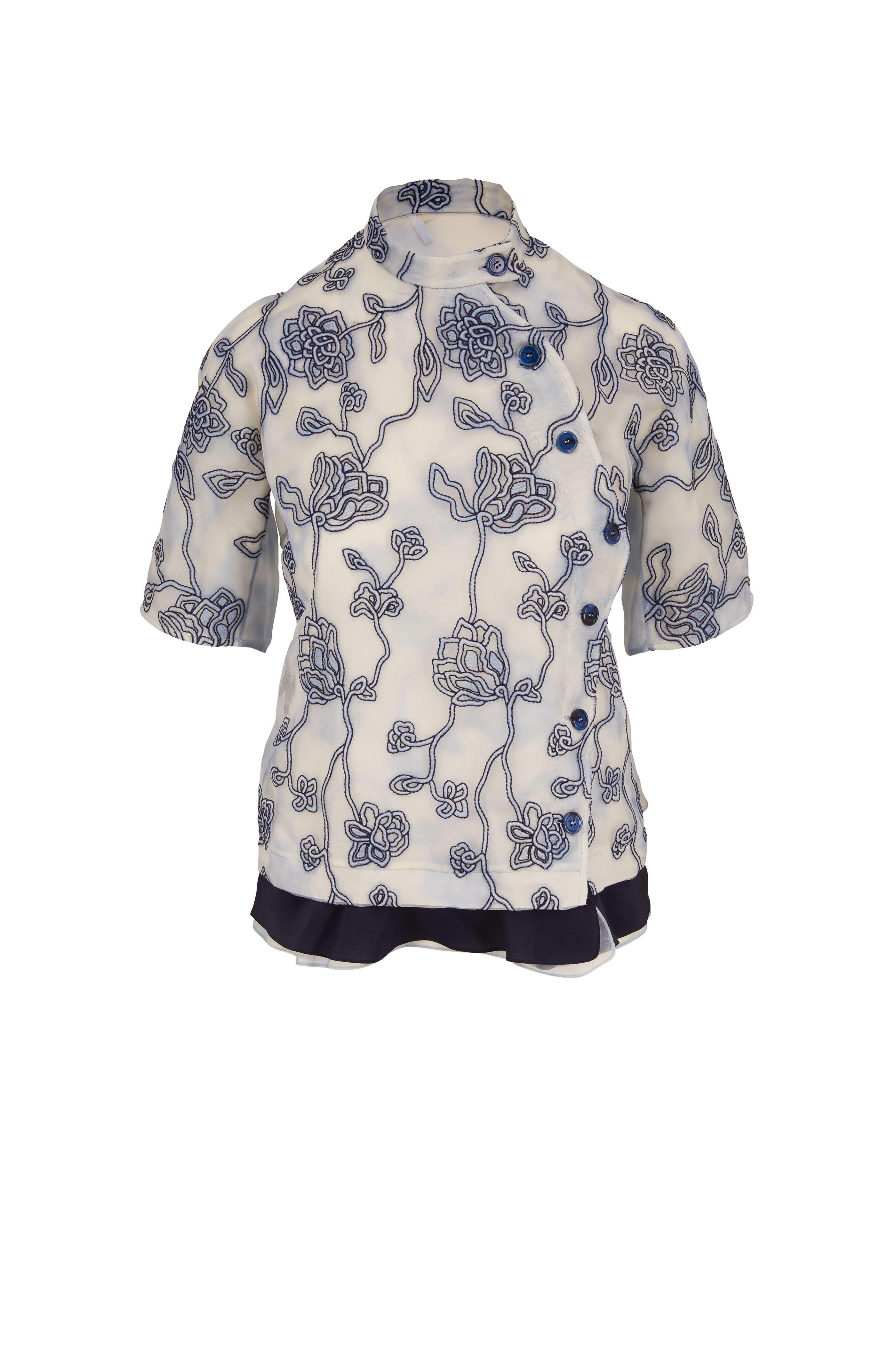 Chloé - Blue Gray Embroidered Silk Organza Blouse
