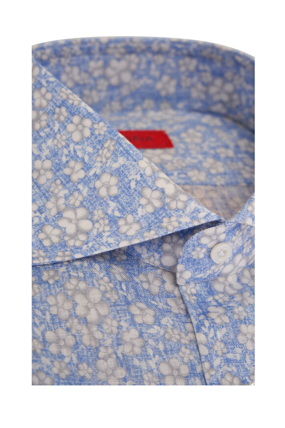 Isaia - Blue & White Floral Print Linen Sport Shirt 