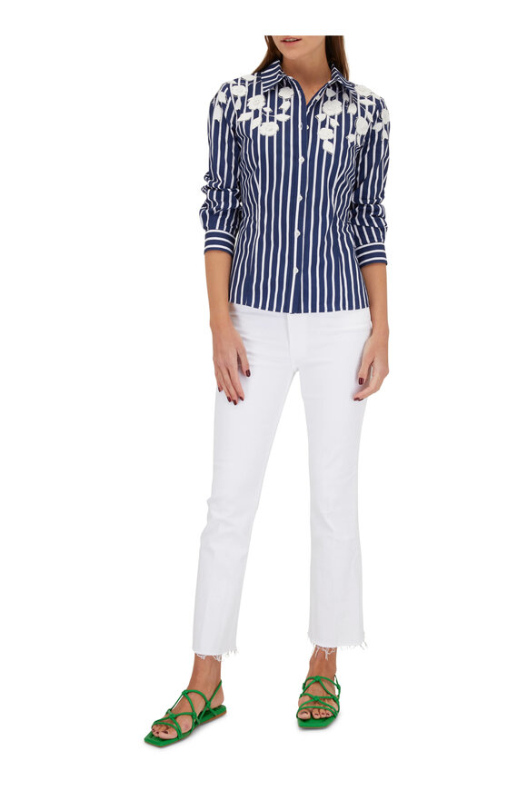 Carolina Herrera - Blue & White Stripe Embroidered Blouse