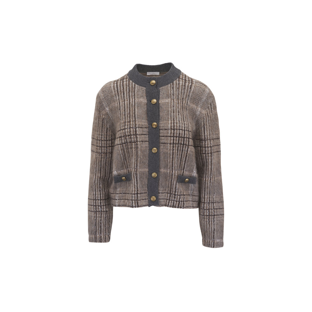 BRUNELLO CUCINELLI グレー系ジレ Brunello Cucinelli - Gray Multi Check Paillette Jacquard Cardigan