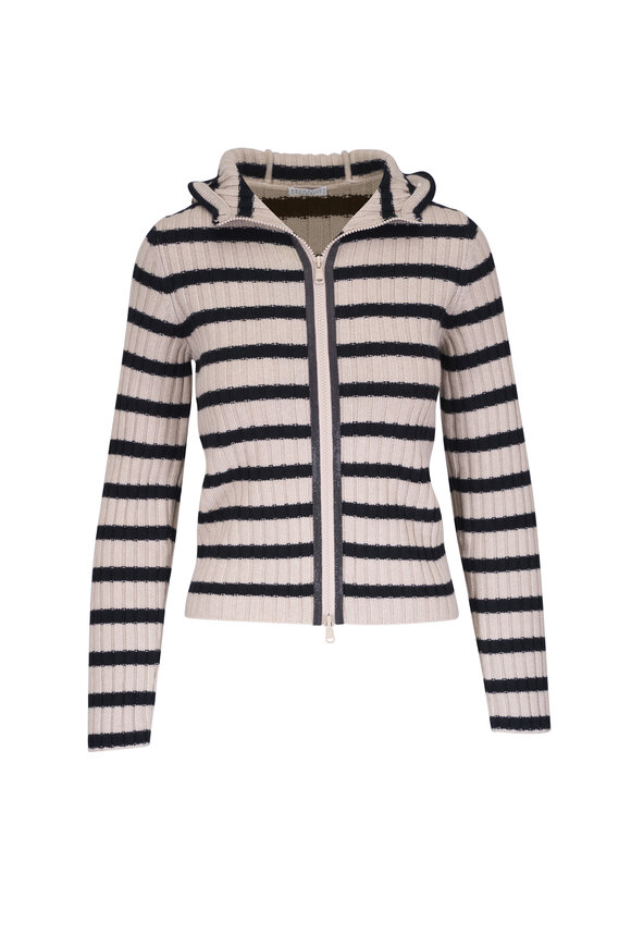 Brunello Cucinelli Black Stripe Wool, Cashmere & Silk Hooded Cardigan