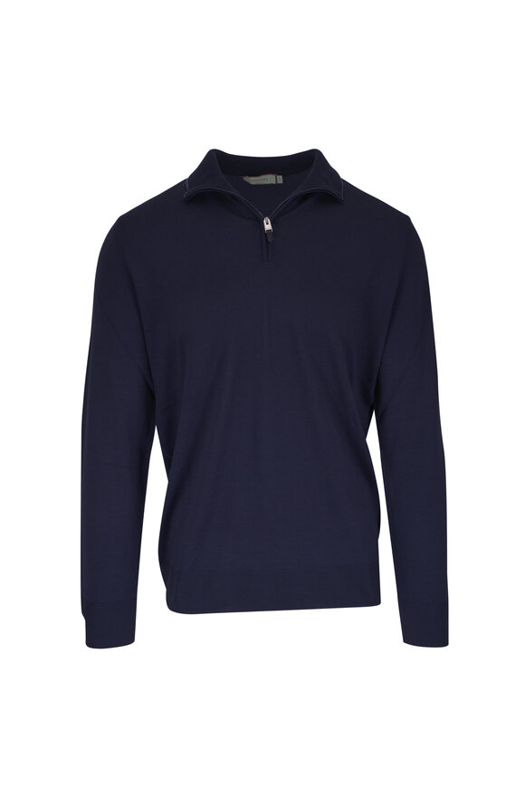 Canali Navy Tipped Quarter-Zip Pullover - view 1