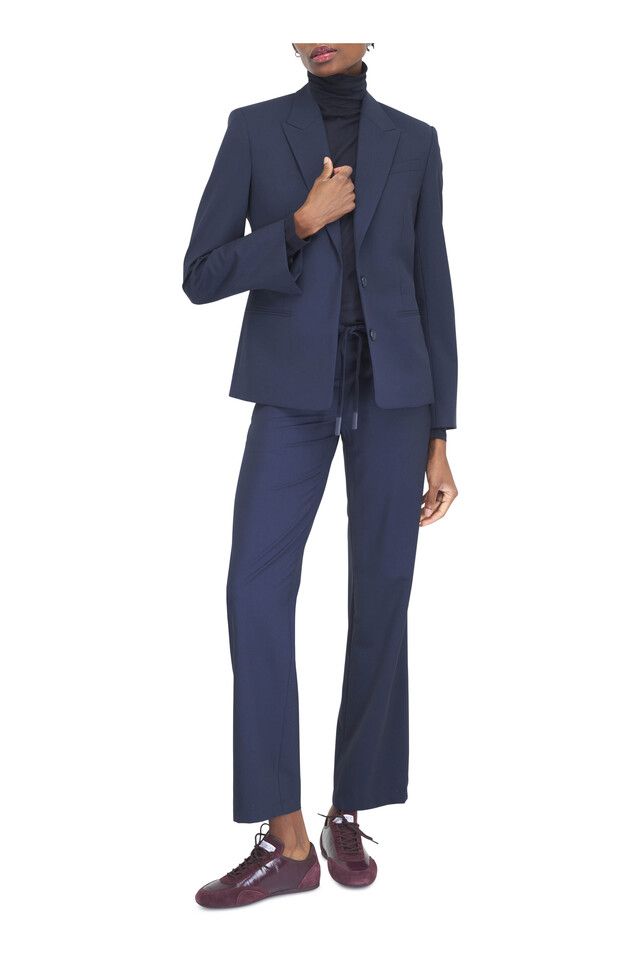 Designer outfit featuring Sunny Burgundy Leather & Suede Running Sneaker and Momo Midnight Blue Stretch Wool Blazer