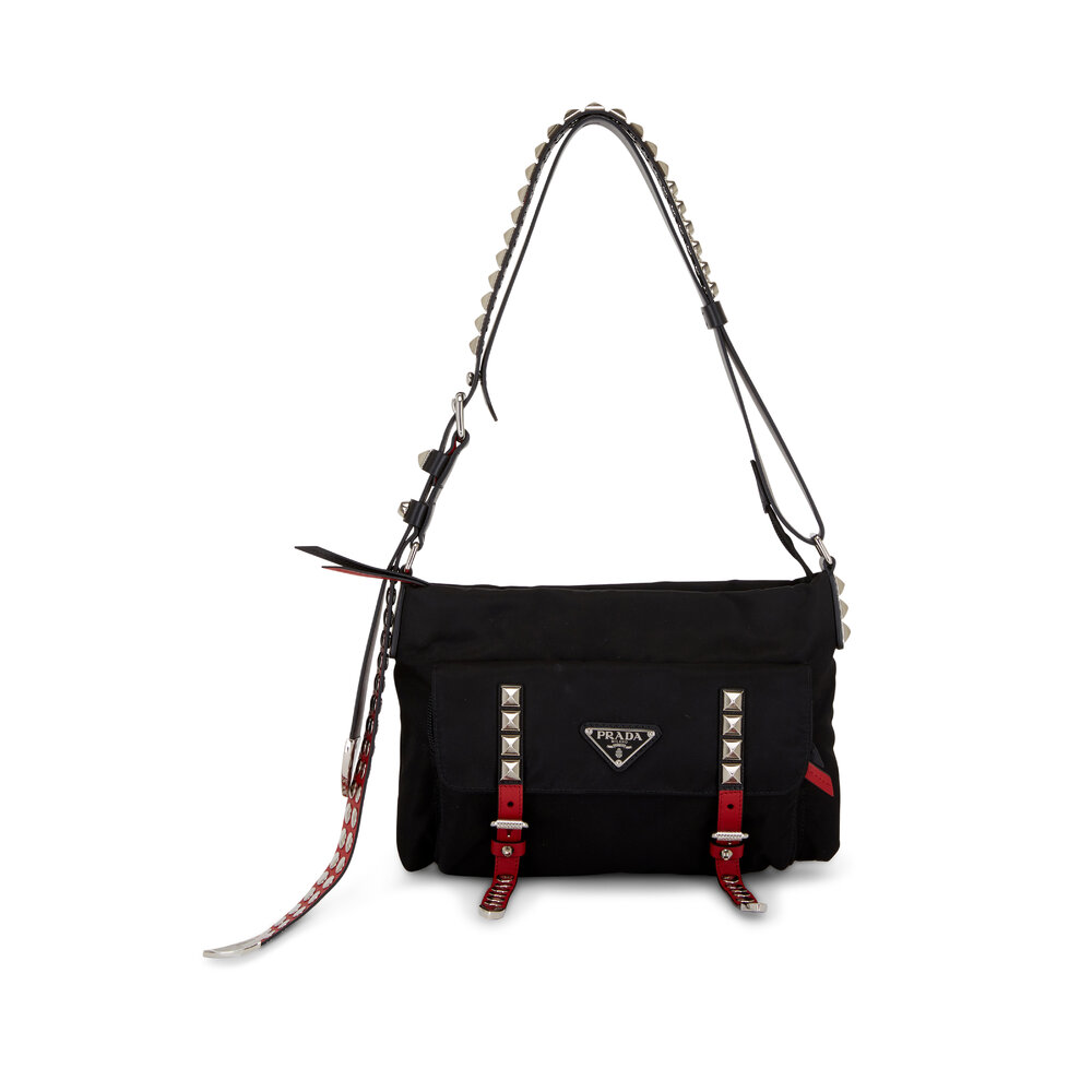 Prada - Black Tessuto & Red Studded Strap Shoulder Bag