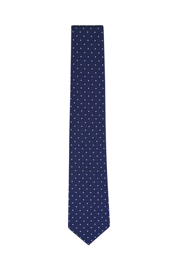 Brunello Cucinelli Navy & White Geometric Print Silk Necktie