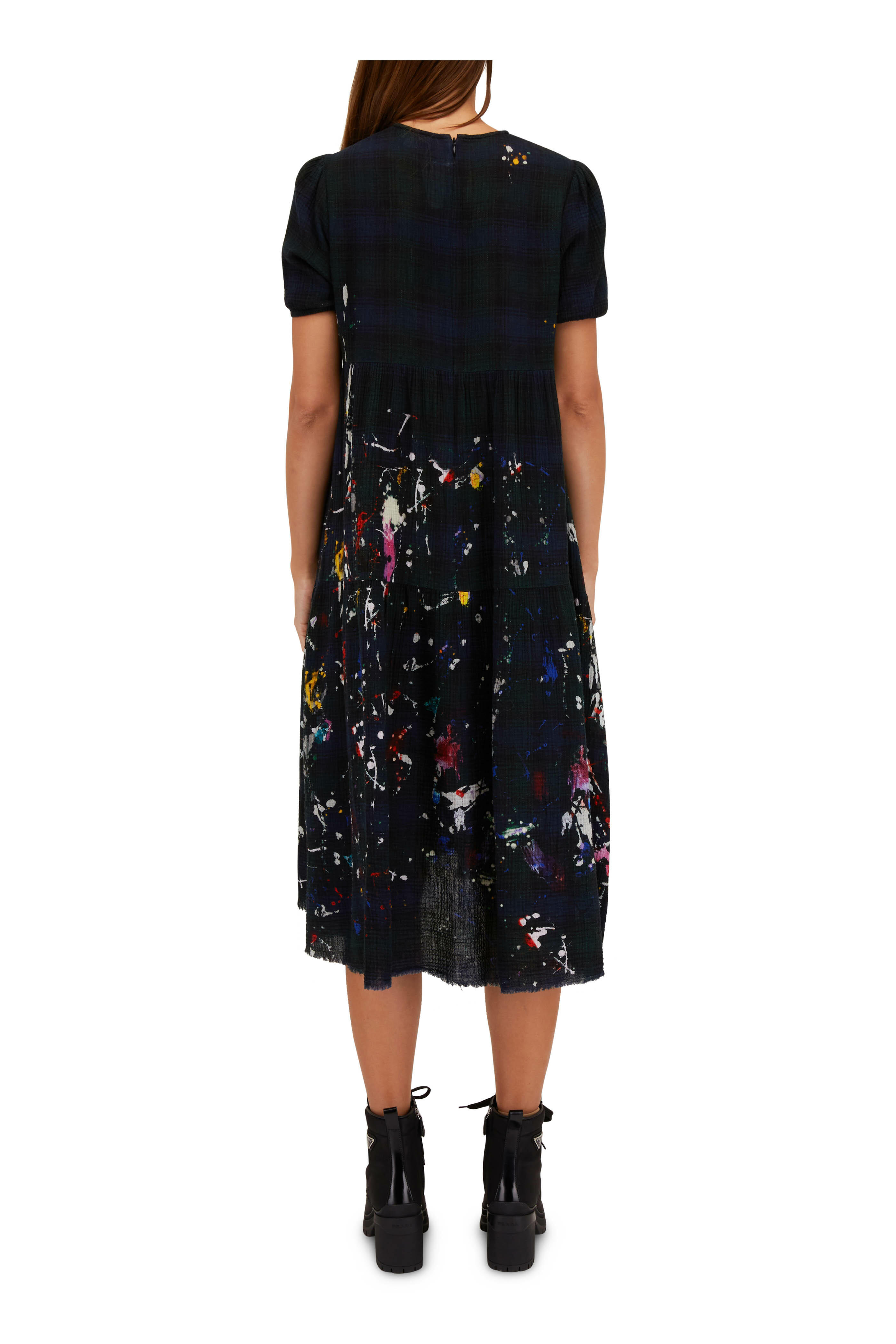 R13 - Navy Plaid Paint Splatter Midi Dress